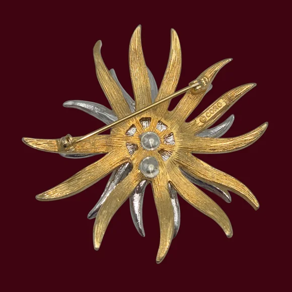 MCM Vintage Coro Chrysanthemum Starburst Floral Brooch Gold Silver Rhinestones - Picture 7 of 9